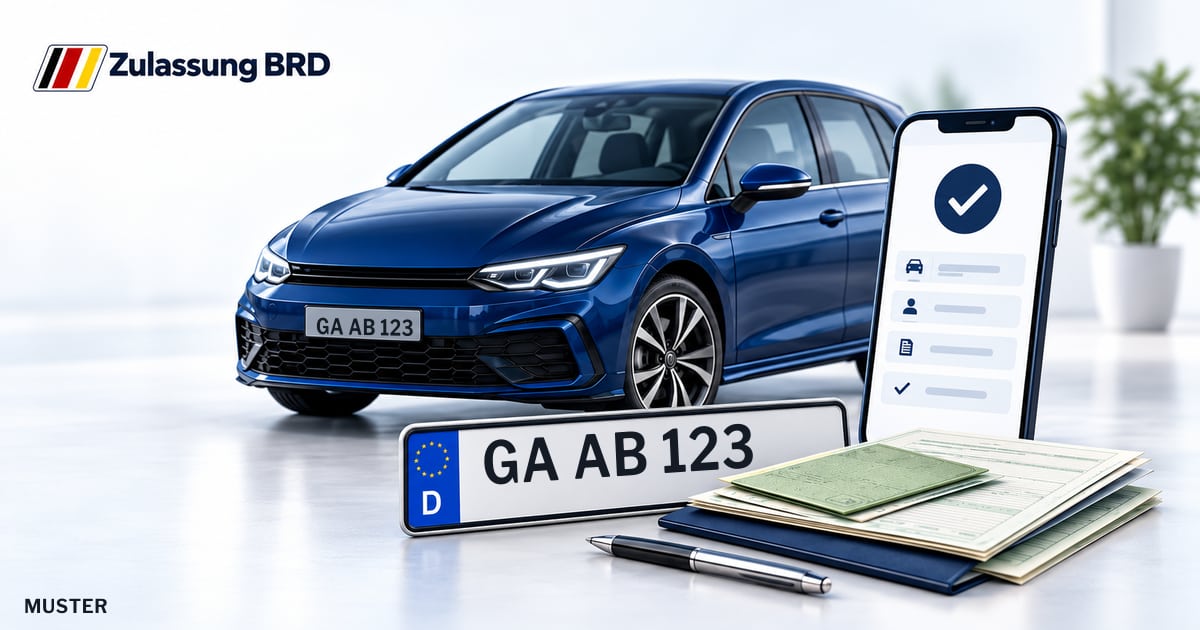 Online Fahrzeugzulassung in Salzwedel: Musterkennzeichen GA AB 123, Auto und Fahrzeugpapiere und Smartphone. Illustration mit Logo von Zulassung BRD.